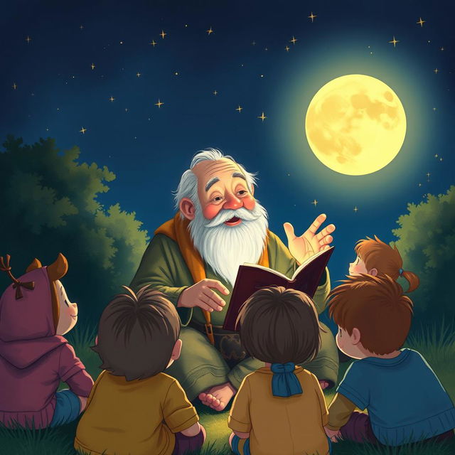 An illustration of Uncle Moon, an elderly man with a kind face and a warm smile, sitting outdoors at night surrounded by curious children