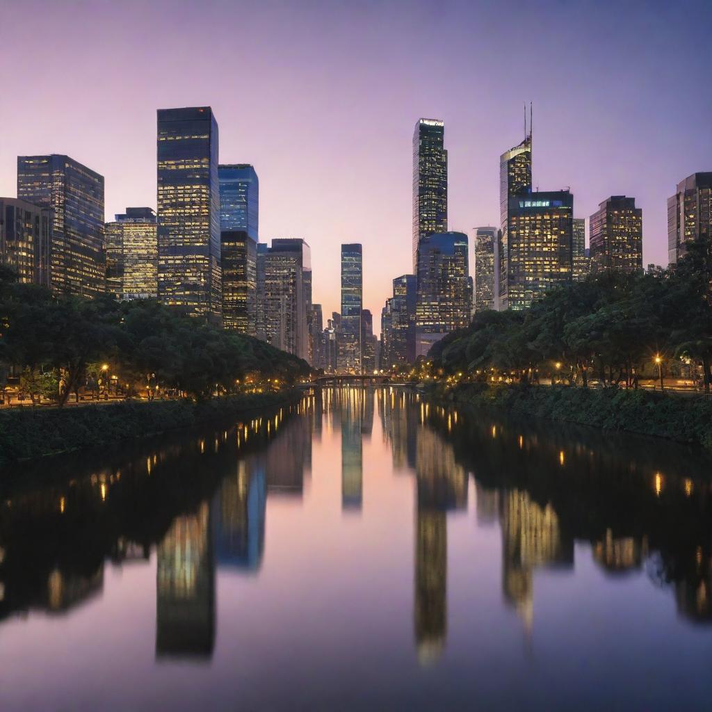 A bustling cityscape at dusk with skyscrapers piercing the twilight sky, lights twinkling like stars, all reflected in a tranquil river.