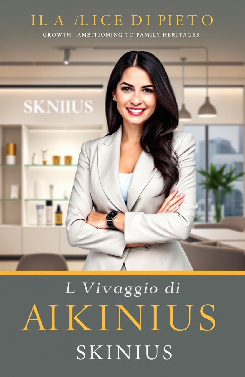 A beautifully designed book cover for a memoir titled "Il Viaggio di Alice Di Pietro" featuring a portrait of a woman with long dark hair, dressed in a professional yet stylish outfit, exuding confidence