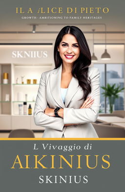 A beautifully designed book cover for a memoir titled "Il Viaggio di Alice Di Pietro" featuring a portrait of a woman with long dark hair, dressed in a professional yet stylish outfit, exuding confidence