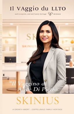A beautifully designed book cover for a memoir titled "Il Viaggio di Alice Di Pietro" featuring a portrait of a woman with long dark hair, dressed in a professional yet stylish outfit, exuding confidence