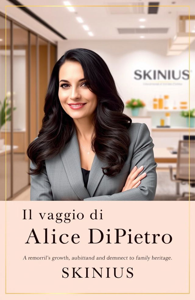 A beautifully designed book cover for a memoir titled "Il Viaggio di Alice Di Pietro" featuring a portrait of a woman with long dark hair, dressed in a professional yet stylish outfit, exuding confidence