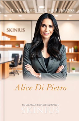 A beautifully designed book cover for a memoir titled "Il Viaggio di Alice Di Pietro" featuring a portrait of a woman with long dark hair, dressed in a professional yet stylish outfit, exuding confidence