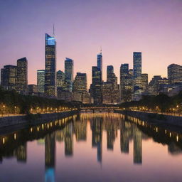 A bustling cityscape at dusk with skyscrapers piercing the twilight sky, lights twinkling like stars, all reflected in a tranquil river.