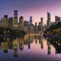 A bustling cityscape at dusk with skyscrapers piercing the twilight sky, lights twinkling like stars, all reflected in a tranquil river.