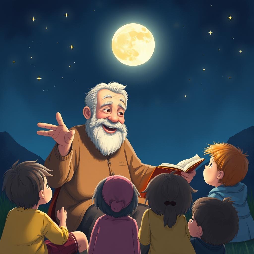 An illustration of Uncle Moon, an elderly man with a kind face and a warm smile, sitting outdoors at night surrounded by curious children