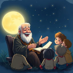 An illustration of Uncle Moon, an elderly man with a kind face and a warm smile, sitting outdoors at night surrounded by curious children
