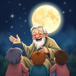An illustration of Uncle Moon, an elderly man with a kind face and a warm smile, sitting outdoors at night surrounded by curious children