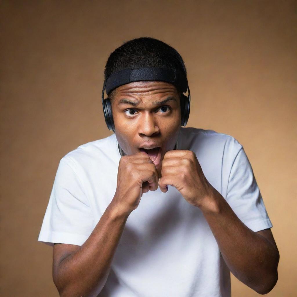 An energetic image of the world's best beatboxer, caught mid-performance with hands cupped around the microphone and eyes full of intensity, the air virtually vibrating with his beats.