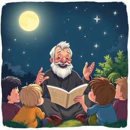 An illustration of Uncle Moon, an elderly man with a kind face and a warm smile, sitting outdoors at night surrounded by curious children