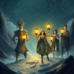 In the mystical realm of Bilangan, where numbers dance and formulas sing, five unique algorithms manifest as realistic characters: 1Algoritma, a wise male figure; 2Aritmetika, a strong male adorned in intricate numerical patterns; 3Statistik, a sharp-eyed female dressed with graphs and charts; 4Geometri, a determined female clad in geometric designs; and 5Kriptografi, a clever male with a cloak of coded symbols