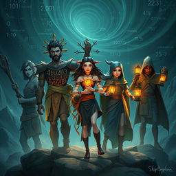 In the mystical realm of Bilangan, where numbers dance and formulas sing, five unique algorithms manifest as realistic characters: 1Algoritma, a wise male figure; 2Aritmetika, a strong male adorned in intricate numerical patterns; 3Statistik, a sharp-eyed female dressed with graphs and charts; 4Geometri, a determined female clad in geometric designs; and 5Kriptografi, a clever male with a cloak of coded symbols