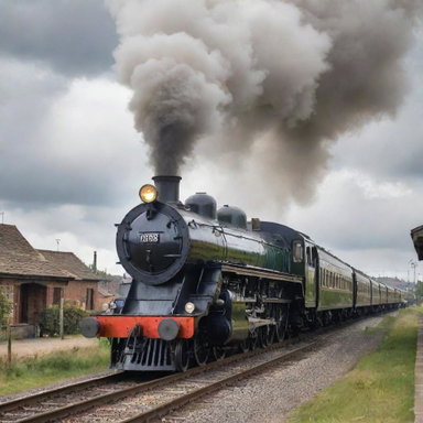 A majestic duplex steam train from the golden age of rail, flaunting its iconic two-stacked engine with clouds of steam billowing from its funnels, amidst the backdrop of a charming, rustic railway station.
