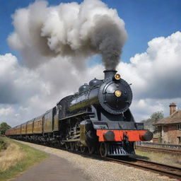 A majestic duplex steam train from the golden age of rail, flaunting its iconic two-stacked engine with clouds of steam billowing from its funnels, amidst the backdrop of a charming, rustic railway station.