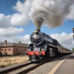 A majestic duplex steam train from the golden age of rail, flaunting its iconic two-stacked engine with clouds of steam billowing from its funnels, amidst the backdrop of a charming, rustic railway station.