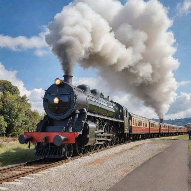 A majestic duplex steam train from the golden age of rail, flaunting its iconic two-stacked engine with clouds of steam billowing from its funnels, amidst the backdrop of a charming, rustic railway station.