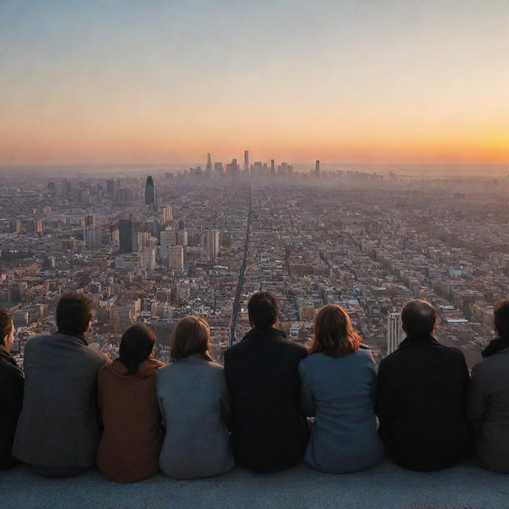 The astounded citizens witnessing an impossible sunrise from the west, after a prolonged three-naught, casting a unique, warm light on the cityscape.