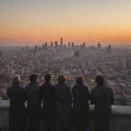 The astounded citizens witnessing an impossible sunrise from the west, after a prolonged three-naught, casting a unique, warm light on the cityscape.