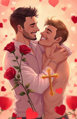 A romantic scene featuring two gay men embracing under a soft, dreamy atmosphere