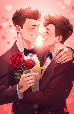 A romantic scene featuring two gay men embracing under a soft, dreamy atmosphere