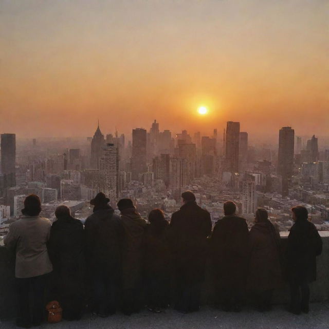 The astounded citizens witnessing an impossible sunrise from the west, after a prolonged three-naught, casting a unique, warm light on the cityscape.