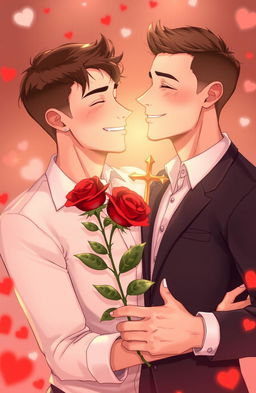 A romantic scene featuring two gay men embracing under a soft, dreamy atmosphere