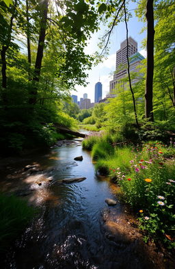 A serene forest scene featuring a clear, gentle stream flowing through lush greenery, with vibrant wildflowers dotting the landscape