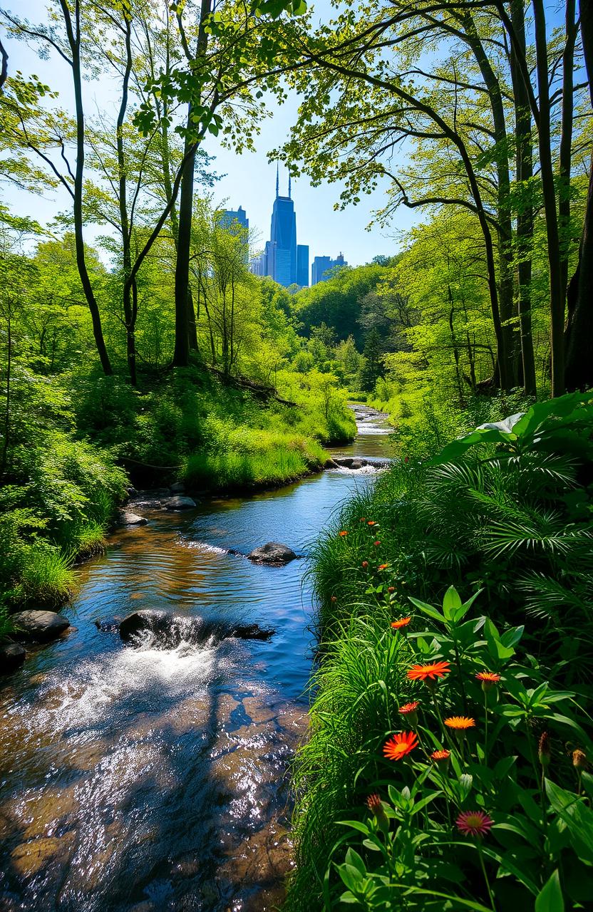 A serene forest scene featuring a clear, gentle stream flowing through lush greenery, with vibrant wildflowers dotting the landscape