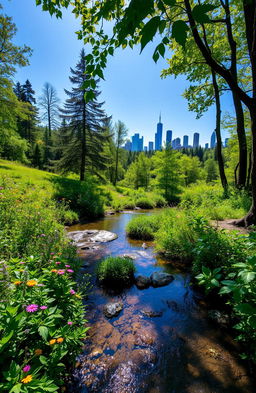 A serene forest scene featuring a clear, gentle stream flowing through lush greenery, with vibrant wildflowers dotting the landscape