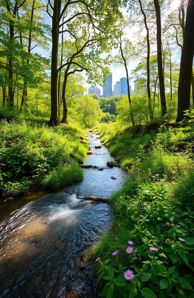 A serene forest scene featuring a clear, gentle stream flowing through lush greenery, with vibrant wildflowers dotting the landscape