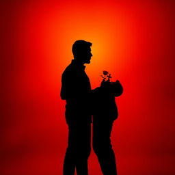 A striking silhouette of two men standing close together, set against a vibrant background of red and gold colors