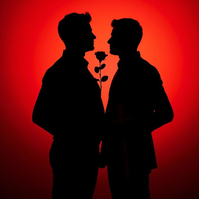 A striking silhouette of two men standing close together, set against a vibrant background of red and gold colors