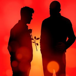 A striking silhouette of two men standing close together, set against a vibrant background of red and gold colors