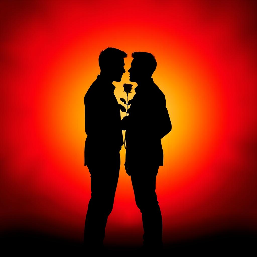 A striking silhouette of two men standing close together, set against a vibrant background of red and gold colors