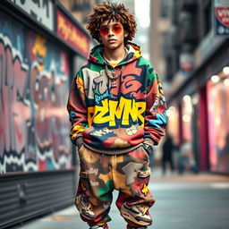 A stylish young man with curly brown hair, dressed in rapper-style clothing, exuding confidence and charisma