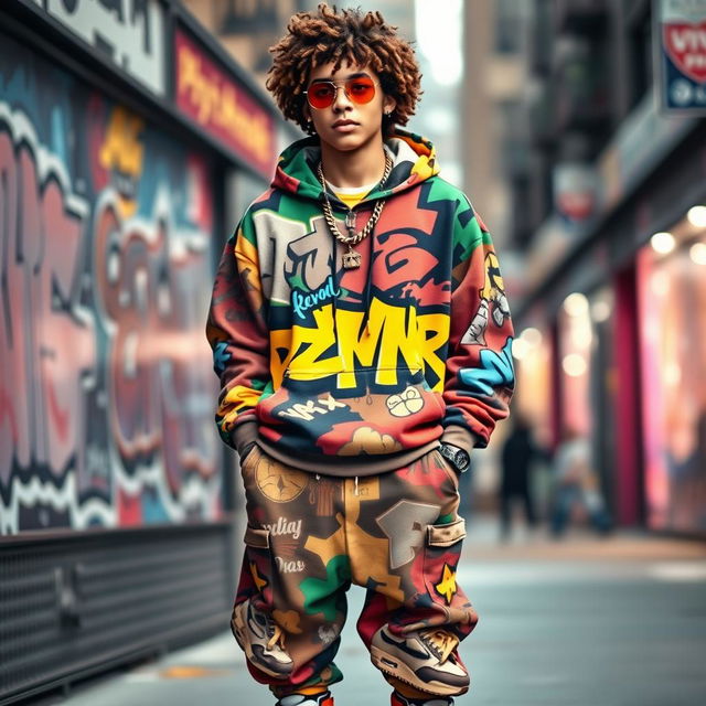 A stylish young man with curly brown hair, dressed in rapper-style clothing, exuding confidence and charisma