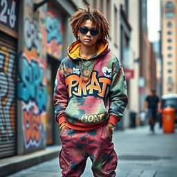 A stylish young man with curly brown hair, dressed in rapper-style clothing, exuding confidence and charisma