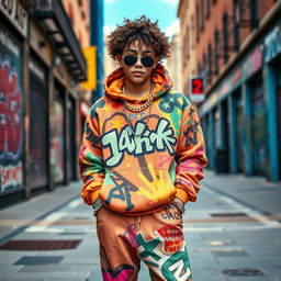 A stylish young man with curly brown hair, dressed in rapper-style clothing, exuding confidence and charisma