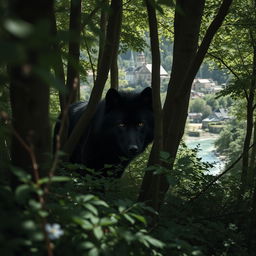 A black wolf stealthily hidden among the dense trees of a forest, its piercing eyes peering out from the shadows