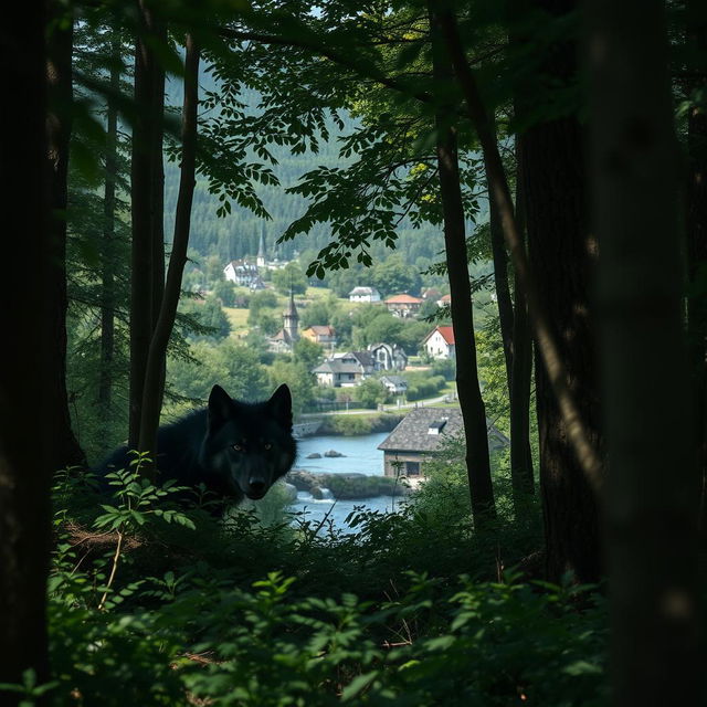 A black wolf stealthily hidden among the dense trees of a forest, its piercing eyes peering out from the shadows