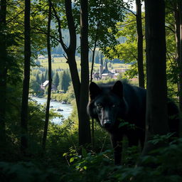 A black wolf stealthily hidden among the dense trees of a forest, its piercing eyes peering out from the shadows