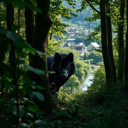 A black wolf stealthily hidden among the dense trees of a forest, its piercing eyes peering out from the shadows