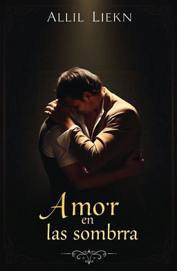 Two men embracing each other tenderly under a dramatic, shadowy backdrop filled with alchemical symbols