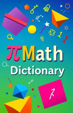 A visually striking cover design for a math dictionary, featuring bold and colorful geometric shapes, vibrant mathematical symbols (like pi, integrals, and algebraic expressions), and an eye-catching title prominently displayed