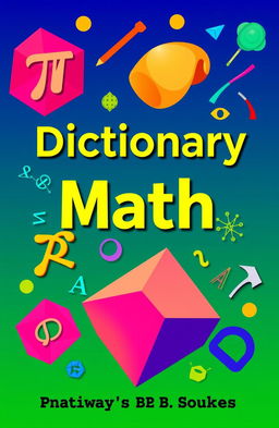 A visually striking cover design for a math dictionary, featuring bold and colorful geometric shapes, vibrant mathematical symbols (like pi, integrals, and algebraic expressions), and an eye-catching title prominently displayed