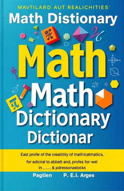 A visually striking cover design for a math dictionary, featuring bold and colorful geometric shapes, vibrant mathematical symbols (like pi, integrals, and algebraic expressions), and an eye-catching title prominently displayed
