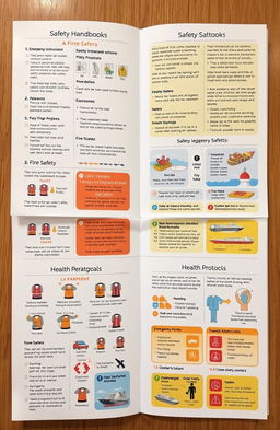 A detailed safety handbook designed for cruise ship passengers, featuring sections on emergency procedures, lifeboat instructions, fire safety, and health protocols
