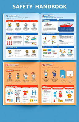 A detailed safety handbook designed for cruise ship passengers, featuring sections on emergency procedures, lifeboat instructions, fire safety, and health protocols