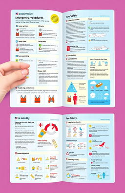 A detailed safety handbook designed for cruise ship passengers, featuring sections on emergency procedures, lifeboat instructions, fire safety, and health protocols