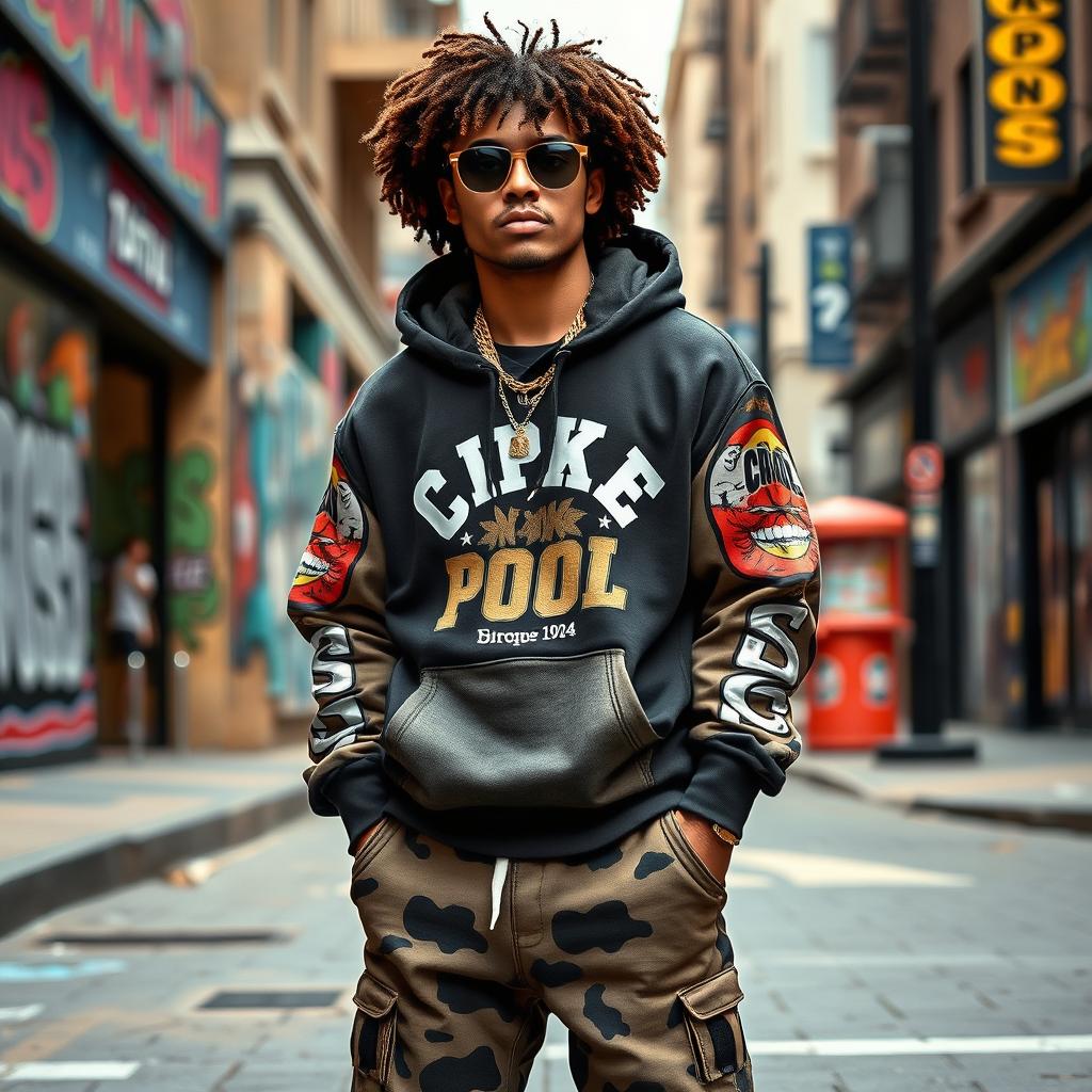 A fashionable 30-year-old man with curly brown hair, embodying a rapper's style